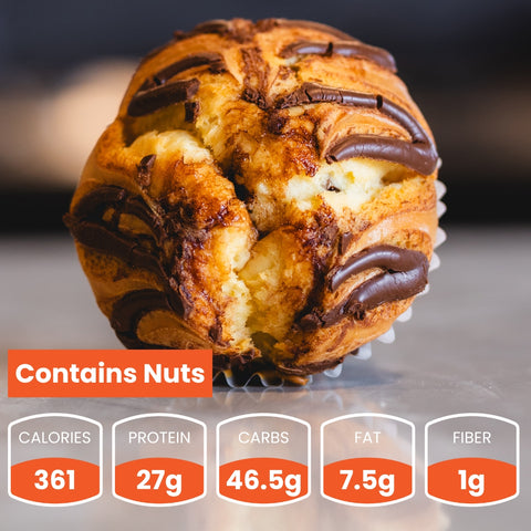 A single muffin with nutritional information displayed indicating calories, protein, carbs, fat, and fiber.