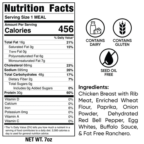 Nutrition facts label for a 7 oz meal, showing 456 calories, 16g fat, 48g carbs, and 30g protein. Icons indicate the meal contains dairy and gluten, but is seed oil free. Ingredients list is also shown.