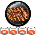 The Nacho Average Vegan Bowl features Beyond Beef crumbles, colorful tortilla strips, and sauce over loaded fries. Nutrition: 410 calories, 27g protein, 42g carbs, and 15g fat.