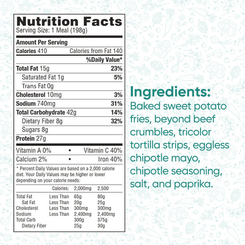 The Nacho Average Vegan Bowl nutrition label lists calories, fat, cholesterol, sodium, carbs, and protein per serving. Made with sweet potato fries, Beyond Beef crumbles, tortilla strips, and eggless mayo—ideal for a healthy vegan meal.