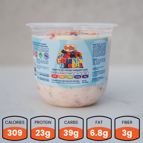 Container of fruity cereal with nutritional information displayed on a gray background