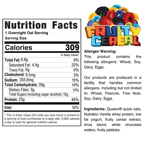 Nutrition label for Fruity Cereal with colorful cereal graphics on a white background