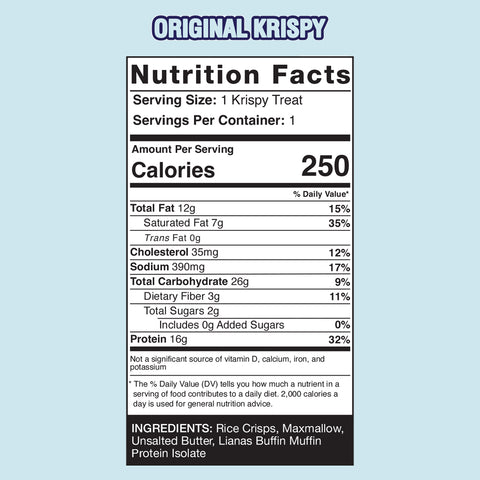 Nutrition facts label for Buff Krispy Treat, a muscle recovery snack with 250 calories per serving. Lists fat, cholesterol, sodium, carbs, sugars, protein, and includes a complete ingredient list at the bottom.