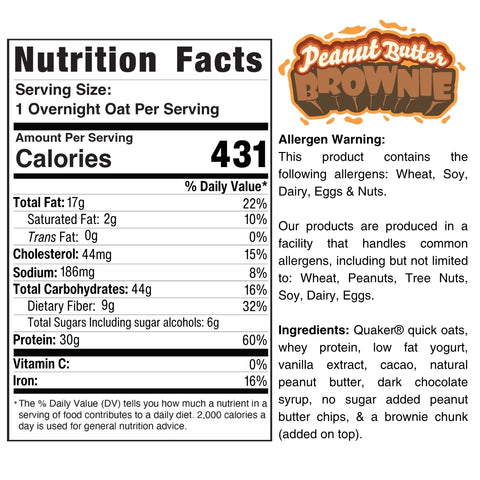 Nutrition info for Overnight Oats (Flavors Vary) - Subscription: Each serving has 431 calories, 17g fat, 44g carbs, and 30g protein. Contains wheat, soy, dairy, eggs, peanuts, and tree nuts. Great for healthy meal prep breakfasts.