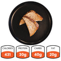 A Peanut Butter & Jelly Sandwich on a black plate, sliced in half, with nutrition facts below: 431 calories, 30g protein, 40g carbs, and 20g fat—an ideal workout snack.