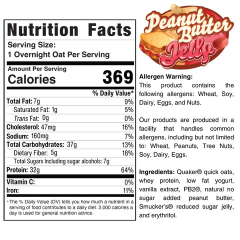 Nutrition label for Overnight Oats (Flavors Vary) - Subscription. Each serving: 369 calories, 7g fat, 37g carbs, 32g protein. Includes ingredients, allergen info, and full nutrition facts—ideal for a healthy meal prep breakfast.