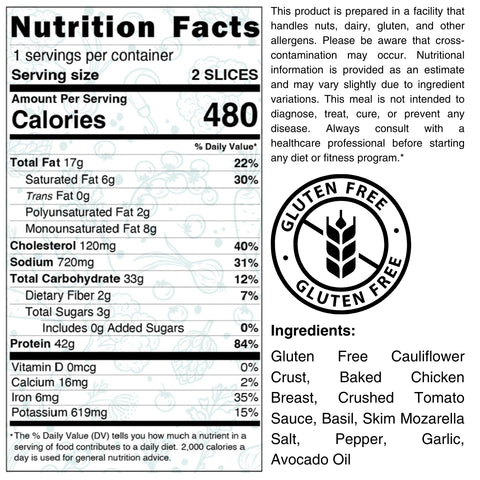 The Protein Power Cauli Pizza nutrition label lists 480 calories, 42g protein, 17g fat, 1g sugar, and 720mg sodium per 2-slice serving. It highlights its cauliflower crust, gluten-free status, and key ingredients.