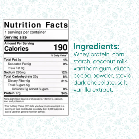 Protein Chocolate Pudding has 190 calories and 17g protein per serving. Made with whey protein, coconut milk, Dutch cocoa powder, dark chocolate, and more for a delicious high-protein snack.