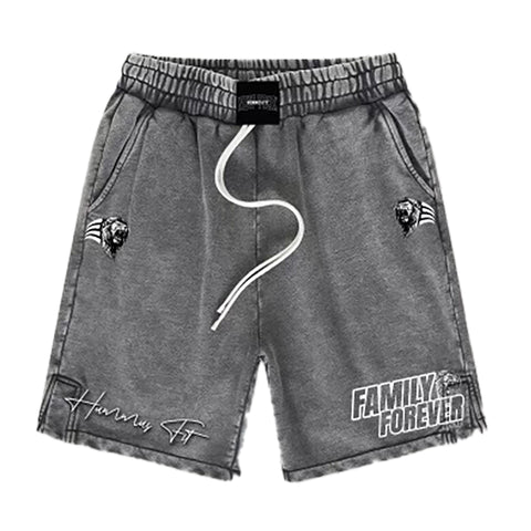 Family Forever Shorts (Limited Stock): Gray drawstring shorts with side pockets, embroidered lion head patches, FAMILY FOREVER text, and signature design on the left leg. Part of our exclusive Memento Mori Event collection.