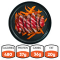 The Soho Steak Bowl features sliced steak with sauce over sweet potato fries. Nutrition: 480 calories, 37g protein, 36g carbs, and 20g fat—an Asian-inspired, healthy lunch option.