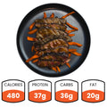The Soho Steak Bowl features sliced grilled steak over sweet potato fries, served in a black bowl. Nutrition: 480 calories, 37g protein, 36g carbs, and 20g fat—making it a healthy lunch choice.