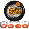 The Southwest Chicken Bowl features white rice, sliced baked chicken breast, and corn salsa with orange sauce on the side. Ideal for meal prep, it delivers 370 calories, 37g protein, 46g carbs, and 7g fat.