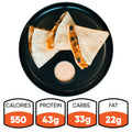 Three Southwest Chicken Quesadilla wedges are arranged on a black plate and served with a small cup of chipotle sauce in the center. Each serving contains 550 calories, 43g protein, 33g carbs, and 22g fat—a tasty and nutritious Southwest Chicken Quesadilla meal prep choice.