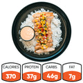 The Southwest Chicken Bowl is a gluten-free meal with sliced grilled chicken and corn-pepper salsa over white rice, served with sauce. It has 370 calories, 37g protein, 46g carbs, and 7g fat—a great high-protein meal prep choice.