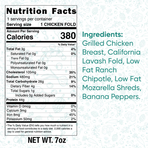 Nutrition facts label for Spiced Chicken Fold: 380 calories per serving. Ingredients include grilled chicken breast, California Lavash fold, low fat ranch chipotle, low fat mozzarella shreds, and banana peppers.