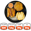 Stacked and Jacked: A high-protein grass-fed beef cheeseburger patty on a grilled bun, with Idaho fries and sauce. 520 calories, 46g protein, 39g carbs, 20g fat. Served on a black plate.