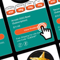 A hand cursor clicks a “View Product” button on an online food menu for “Arnold 2022 Bowl (Subscription),” showing nutrition facts, price, and a free shipping code.