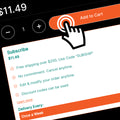 A digital screen displays a $11.49 product with subscription options, including free shipping, no commitment, order editing, and discount codes; a hand icon clicks the Add to Cart button.