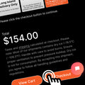Close-up of an online checkout page showing a total amount of $154.00, with a warning about dry ice shipping and instructions to click the checkout button. A cursor is clicking the orange “Checkout” button.