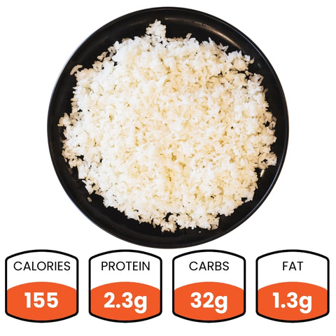 A black bowl of Competition Approved Sticky Rice (1lb) is shown. Nutrition facts below: 155 calories, 2.3g protein, 32g carbs, and 1.3g fat.