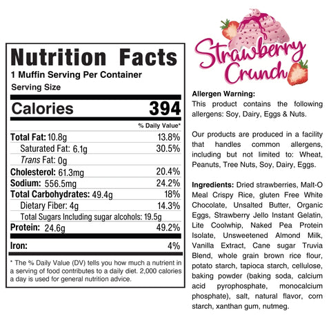 Nutrition label for Buffin Muffin: 394 calories per serving, with ingredients and allergen info. Right side shows the Buffin Muffin logo with a strawberry image. Black and pink text on white background—great for on-the-go snacking.