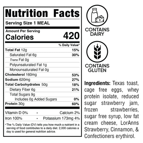 Strawberry Protein French Toast: Gluten-free, 420 calories per serving. Made with Texas toast, eggs, whey protein, low fat cream cheese, cinnamon, sweeteners, and a strawberry compote. Contains dairy.