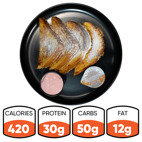 Strawberry Protein French Toast: Four protein French toast slices dusted with powdered sugar, served with strawberry compote and a condiment. Nutrition: 350 calories, 25g protein, 45g carbs, 12g fat.