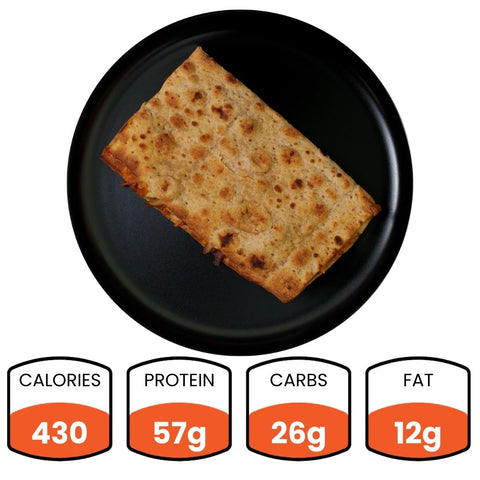 The Strongsville Chicken Ranch Fold on a black plate features HALAL turkey bacon, with 430 calories, 57g protein, 26g carbs, and 12g fat—a delicious high-protein meal.