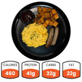 The Sunrise Breakfast features scrambled eggs, lean turkey sausage, roasted potatoes, and a sauce cup. With 460 calories, 41g protein, 32g carbs, and 22g fat, its a high-protein start to your day.