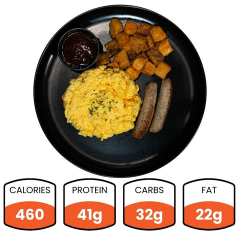 The Sunrise Breakfast features scrambled eggs, lean turkey sausage, roasted potatoes, and a sauce cup. With 460 calories, 41g protein, 32g carbs, and 22g fat, its a high-protein start to your day.