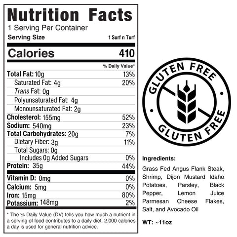 Nutrition facts label for Surf N Turf Shrimp & Steak (Subscription), a high-protein meal with 410 calories per serving. Includes a gluten-free symbol and lists ingredients: steak, shrimp, potatoes, and vegetables.