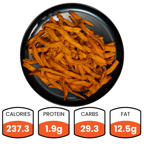 A black plate holds Competition Approved Baked Sweet Potato Fries (1lb)—a healthy meal prep side. Nutrition per serving: 237.3 calories, 1.9g protein, 29.3g carbs, 12.5g fat displayed below the plate.