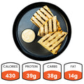 Grilled quesadilla slices with a dipping sauce on a black plate, accompanied by nutritional information icons.