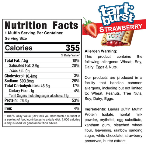 An image showing nutrition facts, allergens, and ingredients for Buffin Muffin Tart Burst Strawberry—355 calories per serving. Features a product illustration with strawberries, ideal for enjoying Buffin Muffins on the go.
