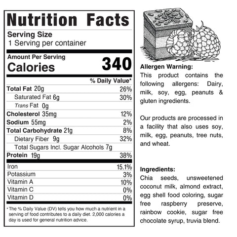 Taste The Rainbow Chia Pudding (Subscription) has 340 calories per serving. Made with chia seeds, coconut milk, and chocolate flavor, its a high-protein dessert. Contains dairy, eggs, peanuts, tree nuts & gluten. Full nutrition facts included.
