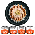 The Vegan Cheeseburger Bowl features rice topped with Beyond Beef, shredded cheese, sauce, and relish. Nutrition: 400 calories, 30g protein, 42g carbs, 13g fat—perfect for vegan meal prep.