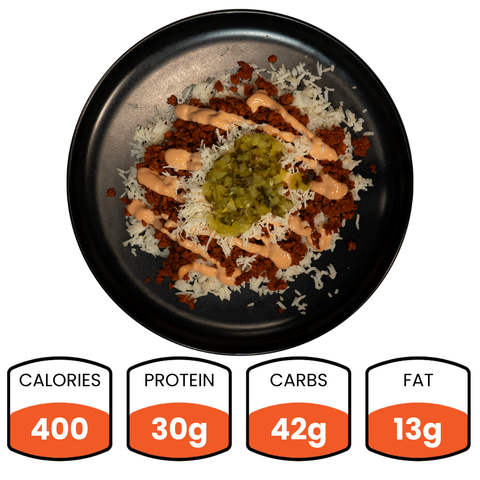 The Vegan Cheeseburger Bowl features rice, Beyond Beef crumbles, shredded cheese, green peppers, and sauce—a healthy lunch with 400 calories, 30g protein, 42g carbs, and 13g fat.