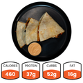 Overhead view of three folded Vegan Chorizo Quesadillas on a black plate with dipping sauce. Nutritional info: 460 calories, 37g protein, 52g carbs, 16g fat—a healthy lunch or tasty dinner choice.