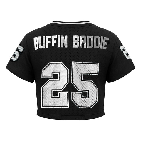 The Women’s Cropped Mesh Jersey – Black White Trim is a sporty black top with "BUFFIN BRADDIE" and a bold number 25 on the back, plus the number 25 on both sleeves, blending style and comfort.