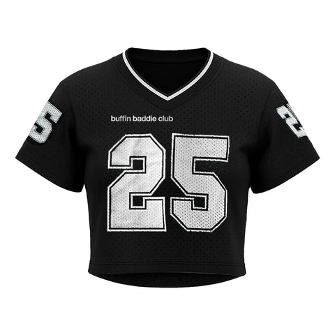 The Women’s Cropped Mesh Jersey – Black White Trim features bold white number 25 on front and sleeves, "buffin baddie club" text above the number, white trim details, and a sporty, stylish cropped fit.
