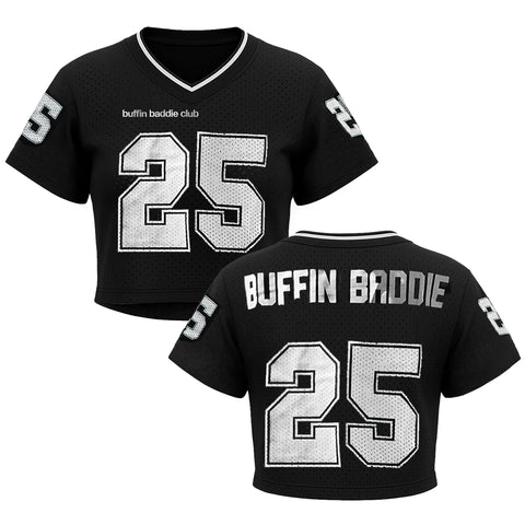 The Women’s Cropped Mesh Jersey – Black White Trim features “buffin baddie club” in small text on the front, a bold white number 25 on both sides, and “BUFFIN BADDIE” across the back—a sporty, breathable athletic top.