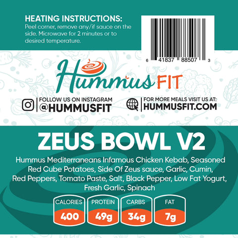 The Zeus Bowl V2 features chicken kebab, potatoes, vegetables, and signature Zeus sauce. Packaging includes heating instructions, nutrition facts (400 cal, 49g protein), and a full ingredient list.