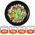 A black plate with jasmine rice, Zeus Bowl chicken, green sauce, and shredded cheese. Below are nutrition stats: 450 calories, 49g protein, 48g carbs, and 5g fat. Try the delicious Zeus Bowl today!.