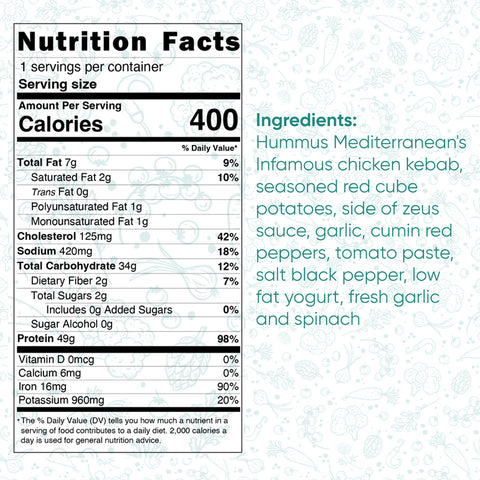 The Zeus Bowl V2 has 400 calories per serving and includes chicken kebab, seasoned red cubes, potatoes, Zeus sauce, low fat yogurt, garlic, cumin, red pepper, tomato paste, black pepper, and fresh spinach.