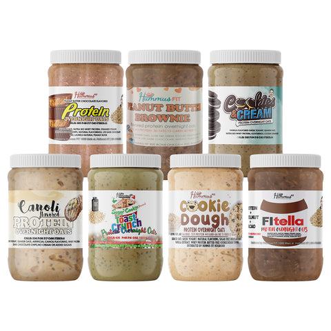 The Best Selling Overnight Oats Variety Pack includes seven jars, each with a unique flavor and label, arranged in two rows—perfect for a quick, easy, and healthy breakfast.