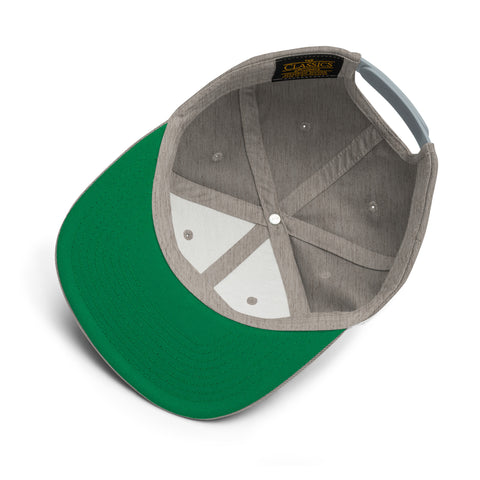 The Heather Snapback Hat features a green brim, grey and white interior with stitching, ventilation holes, and an adjustable snap closure at the back.