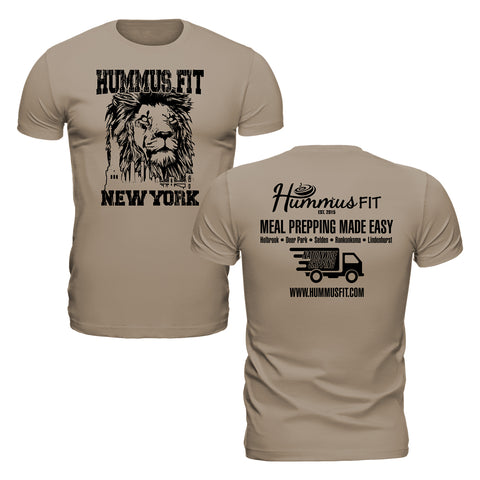 The Unisex Hummus Fit New York Desert Dust T-Shirt features HUMMUS FIT NEW YORK with a lion graphic on the front, and the logo, slogan Meal Prepping Made Easy, locations, delivery truck, and website on the eco-friendly back.