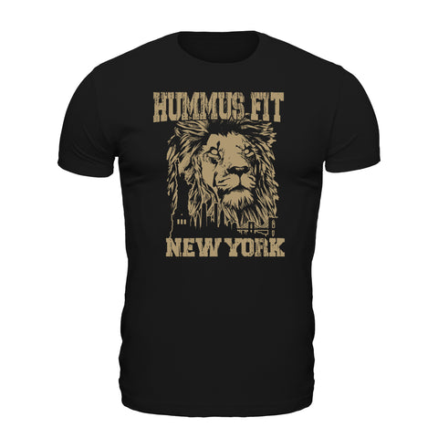 The Unisex Hummus Fit New York Black T-Shirt is a lightweight 100% cotton tee with a bold beige lion graphic, HUMMUS FIT above and NEW YORK below in distressed lettering for comfort and style.