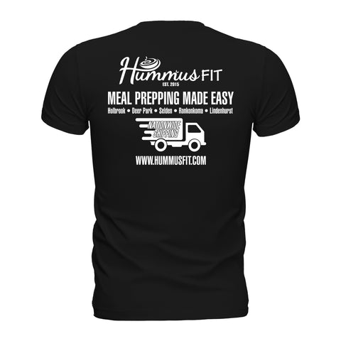 Back view of the unisex gold Hummus Fit T-Shirt featuring the Hummus Fit logo, “Meal Prepping Made Easy,” a list of locations, a delivery truck graphic labeled “Nationwide Shipping,” and www.hummusfit.com in white.