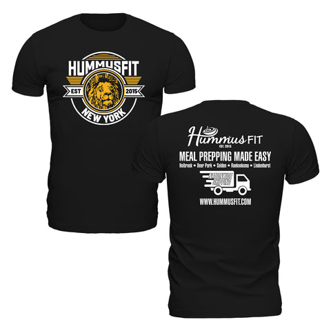 Comfortable unisex gold t-shirt made from soft cotton with “Hummus Fit New York” and a lion graphic on the front; back features “Meal Prepping Made Easy,” locations, a food truck graphic, and www.hummusfit.com in white text.